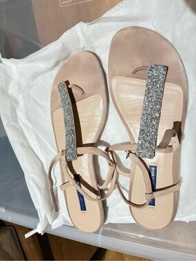 Stuart Weitzman Tan and Silver Sandals with T-Strap Design